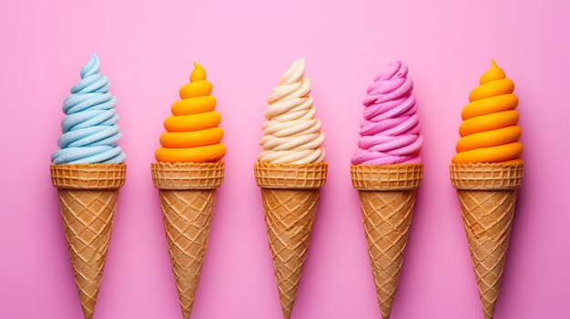 Cinco conos de helado con diferentes colores en un fondo rosa generativo ai