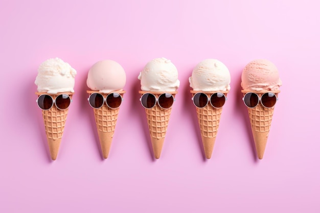 Cinco conos de helado con un fondo rosa