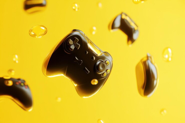 Cinco controladores inalámbricos negros se mueven contra un telón de fondo amarillo vibrante creando una imagen llamativa para los entusiastas de los juegos
