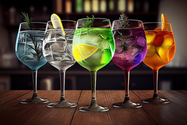 Cinco coquetéis de gin tônico coloridos em copos de vinho no balcão de bar em cachorro ou restaurante Generative Ai