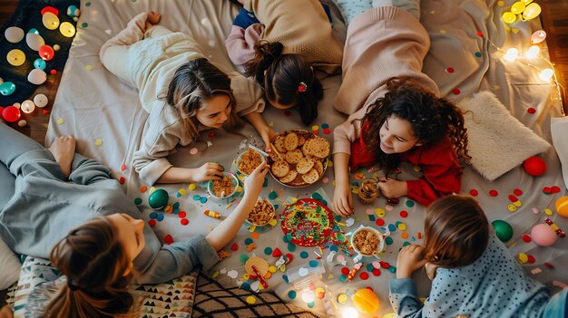 Cinco crianças felizes fazendo uma festa de pijama estão deitadas no chão comendo lanches e falando o chão está coberto de confetes coloridos