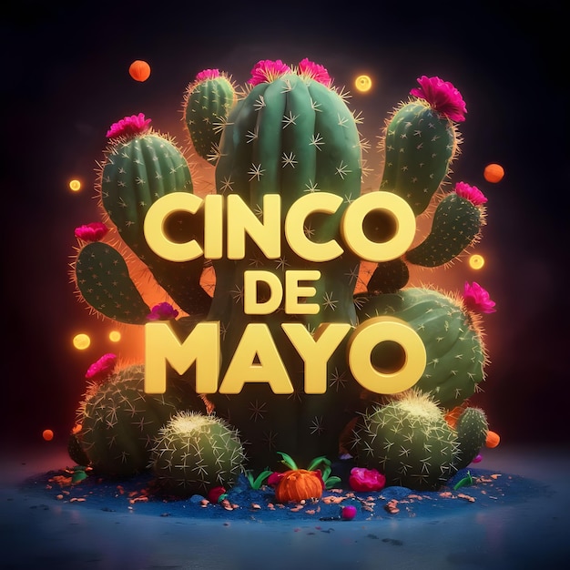 cinco de maio com cactus 3d render tipografia design escuro