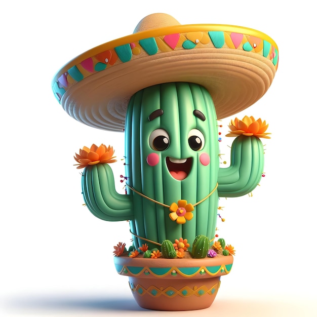 Cinco De Mayo Cactus 3D Render Ilustração de desenho animado bonito Com fundo branco isolado