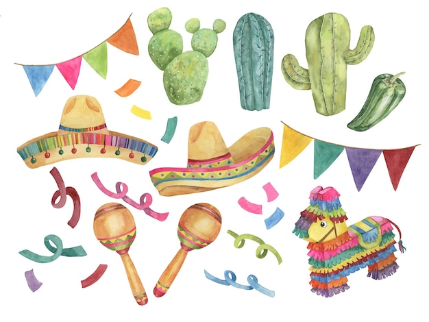Cinco de Mayo conjunto de elementos de design em aquarela