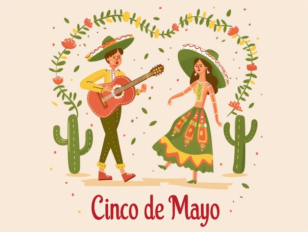 Cinco de Mayo Feier mit einem Mann und einer Frau in mexikanischer traditioneller Kleidung Tanz Gitarre spielen