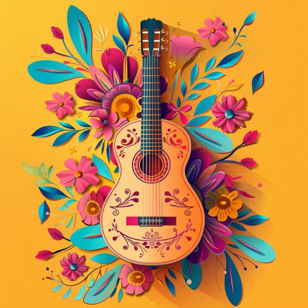 Cinco de Mayo Festplakat mit Gitarre und Blumen