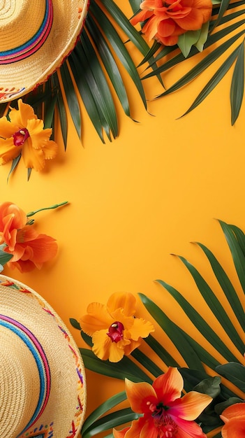 Foto cinco de mayo fundo com sombreros e flores em amarelo plano colocou o espaço de visualização superior para o texto