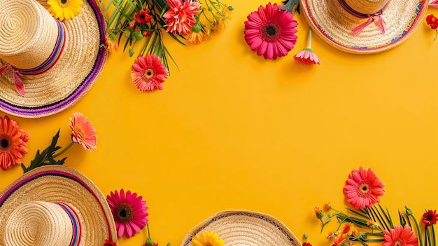 Cinco de Mayo fundo com sombreros e flores em amarelo plano colocou o espaço de visualização superior para o texto