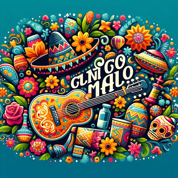 Foto cinco de mayo ilustração conceito de fundo com sombrero chapéu ornamento cacto e flores