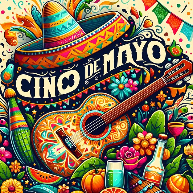 Foto cinco de mayo ilustração conceito de fundo com sombrero chapéu ornamento cacto e flores