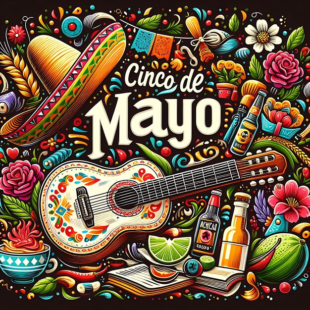 Foto cinco de mayo ilustração conceito de fundo com sombrero chapéu ornamento cacto e flores