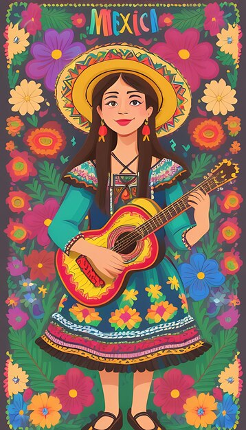 Foto cinco de mayo ilustração conceito de fundo com sombrero chapéu ornamento cacto e flores