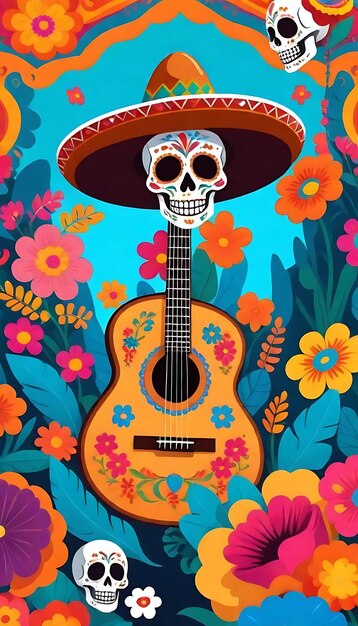 Foto cinco de mayo ilustração conceito de fundo com sombrero chapéu ornamento cacto e flores