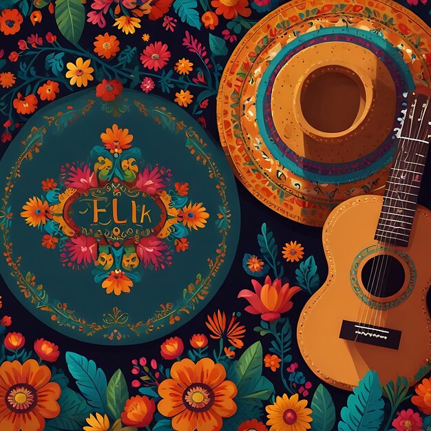 Foto cinco de mayo ilustração conceito de fundo com sombrero chapéu ornamento cacto e flores