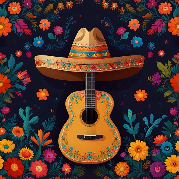 Foto cinco de mayo ilustração conceito de fundo com sombrero chapéu ornamento cacto e flores