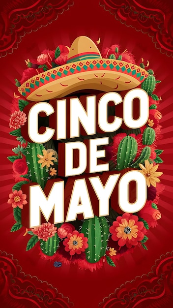 Foto cinco de mayo ilustração conceito de fundo com sombrero chapéu ornamento cacto e flores