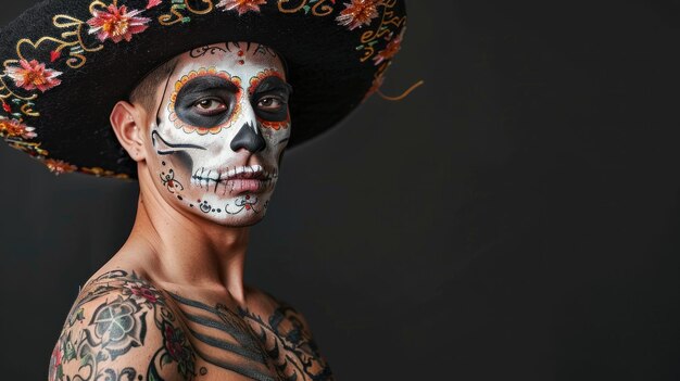 Foto cinco de mayo männliches porträt hübscher mexikanischer mann in der ikonischen dia de los muertos zuckerkopfpose