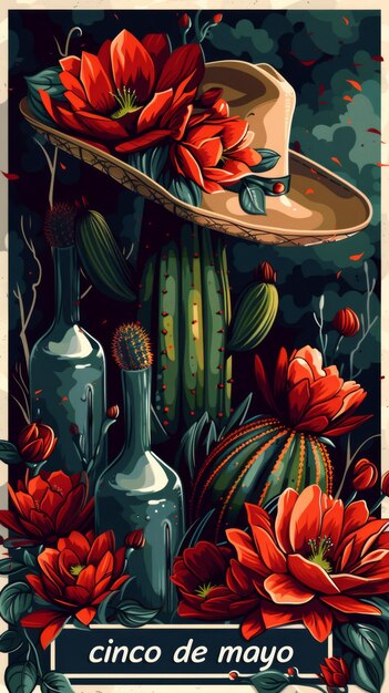 Foto cinco de mayo mexikanisches fiesta-poster mit dem text sombrero und kaktusgitarre und tequila