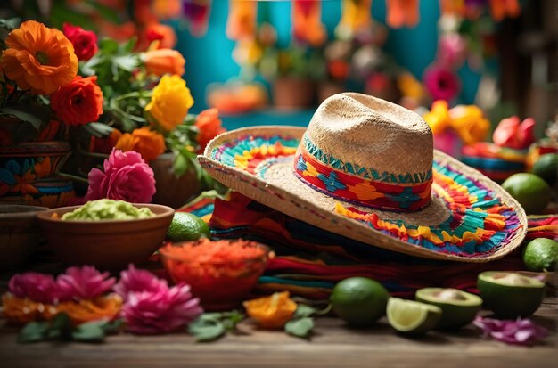 Cinco de Mayo sombrero repousa em uma mesa ao lado de uma tigela de limões verdes