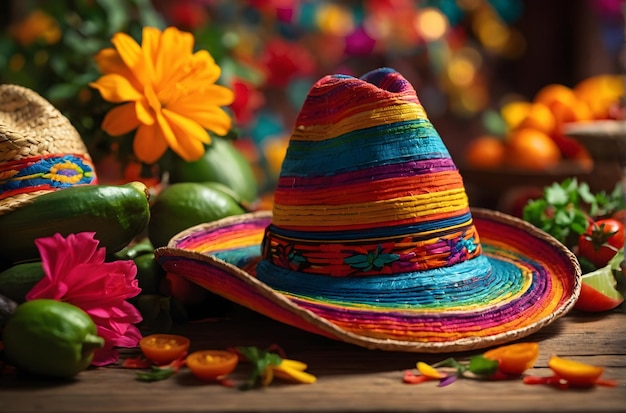 Cinco de Mayo sombrero repousa em uma mesa ao lado de uma tigela de limões verdes