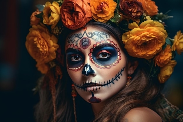 Cinco de Mayo und Dia de los muertos Feiertag der Toten Mexikanisches Halloween Zuckerschädel-Make-up und Blumen Schöne Frau Generative KI