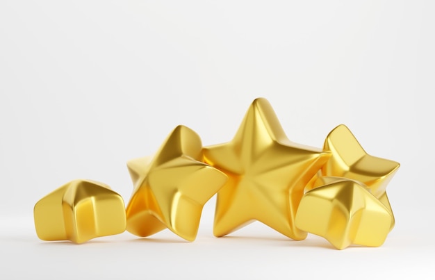 Cinco estrellas doradas para el concepto de revisión del cliente Ilustración de renderizado 3d de comentarios positivos sobre la experiencia de servicio