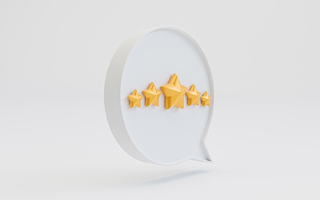 Cinco estrellas doradas dentro de la caja de mensajes blanca para el cliente excelente evaluación por renderización 3D