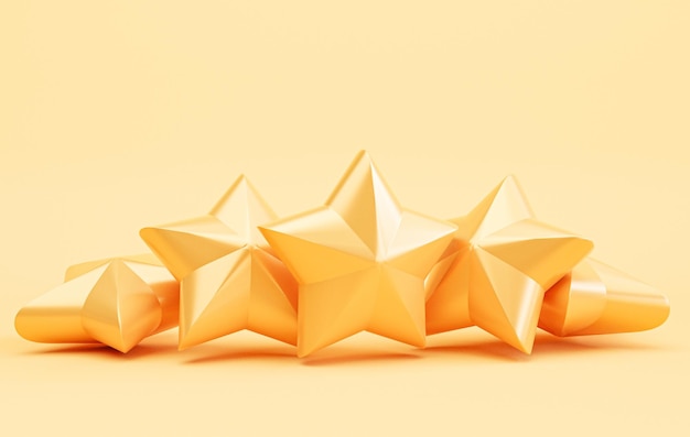 Cinco estrellas doradas para la excelente evaluación del cliente después del uso del concepto de producto y servicio por renderizado 3d