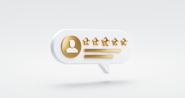 Cinco estrellas de oro revisan la experiencia del cliente, el servicio de calidad, el excelente concepto de retroalimentación sobre el mejor fondo de satisfacción de calificación con el símbolo de icono de clasificación de diseño plano. Representación 3D.