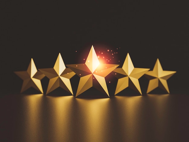 Cinco estrellas de oro sobre fondo oscuro para una excelente tasa de evaluación del cliente mediante render 3d.