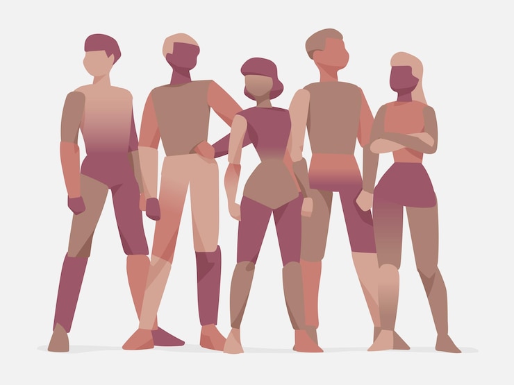 Foto cinco figuras de pé juntas