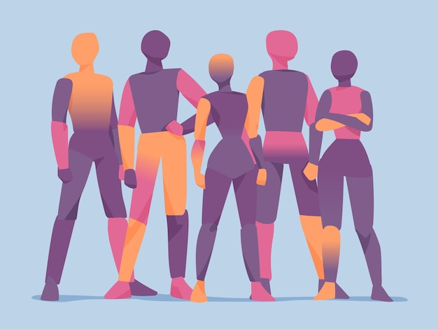 Cinco figuras humanas de pie juntas simbolizan la unidad, el trabajo en equipo y la colaboración.