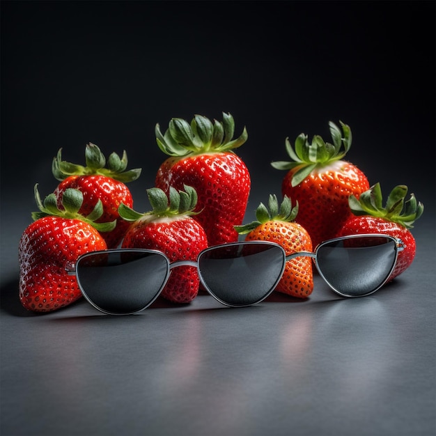 Cinco fresas con gafas de sol de fondo sólido