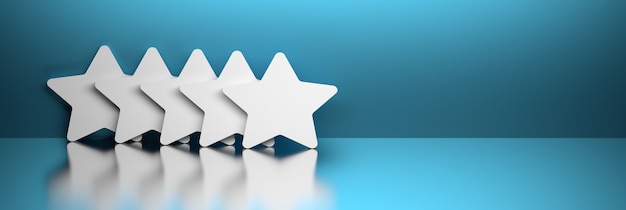 Cinco grandes estrelas brancas empilhadas sobre fundo azul. Banner branco com cópia de espaço em branco ilustração 3D