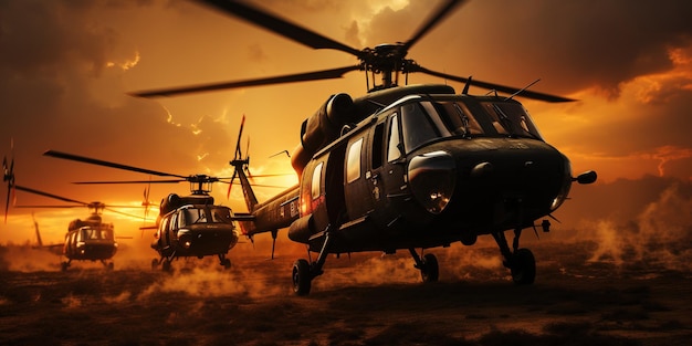Cinco helicópteros militares em silhueta contra um céu dourado de pôr-do-sol