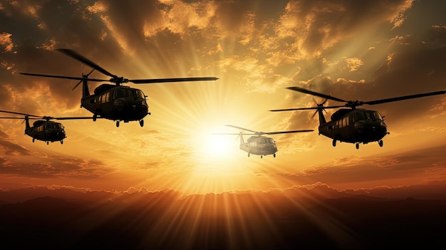 Cinco helicópteros militares mostrados em silhueta contra um céu dourado do pôr do sol