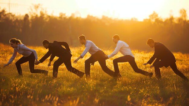 Cinco homens de negócios a correr por um campo de grama alta o sol está a pôr-se atrás deles