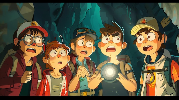 Foto cinco jovens amigos embarcam numa emocionante aventura na misteriosa e inexplorada caverna perdida.