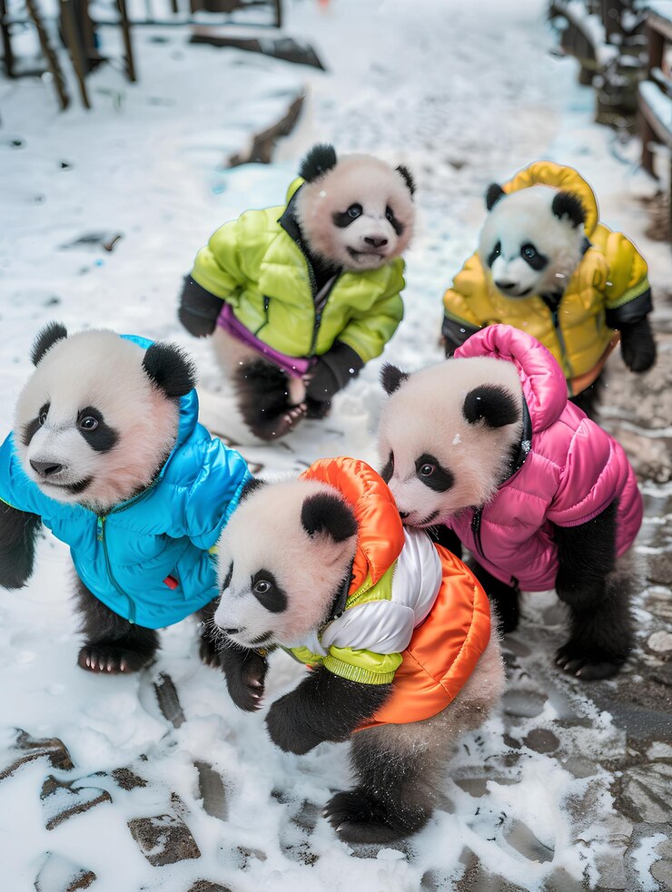 Foto cinco lindos bebés pandas cuando eran niños con coloridas prendas de pelo