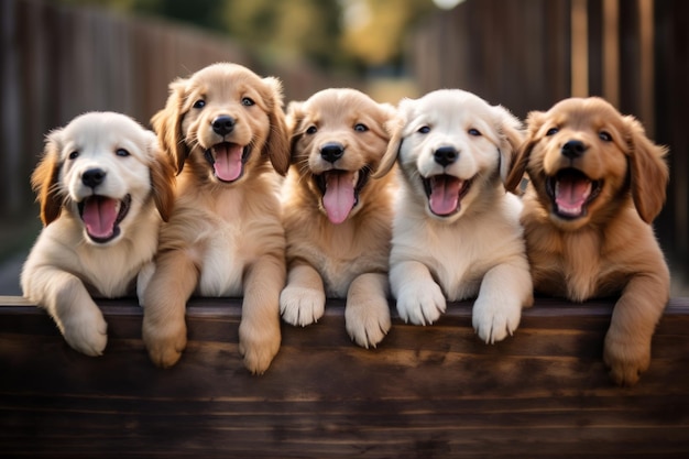 Foto cinco lindos cachorrinhos labradores alegres com a língua para fora conceito de cães felizes