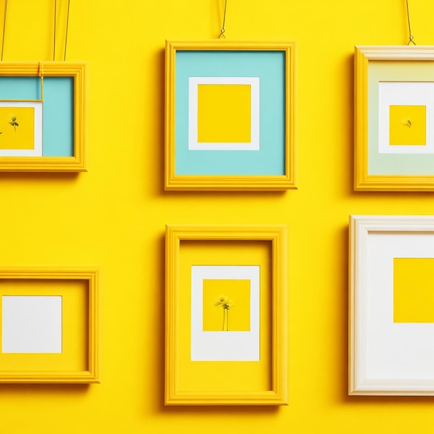 Cinco marcos de fotos colgantes sobre fondo amarillo