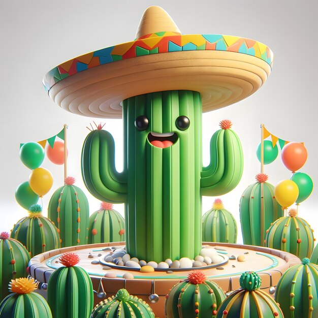 Foto cinco de mayo cactus 3d render ilustración de dibujos animados con fondo blanco aislado