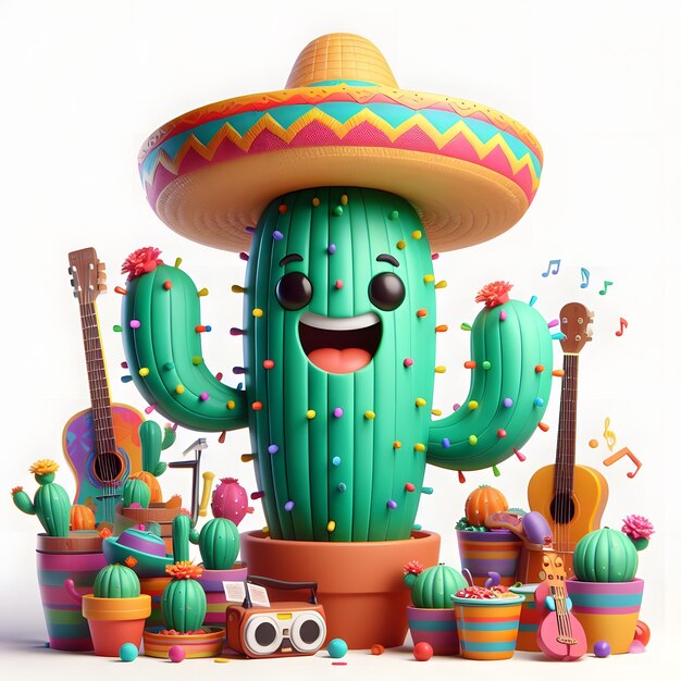 Cinco De Mayo Cactus 3D Render Ilustración de dibujos animados con fondo blanco aislado