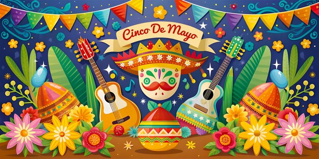 Cinco de mayo Festival tradicional de México con decoración plantilla de tarjeta de felicitación