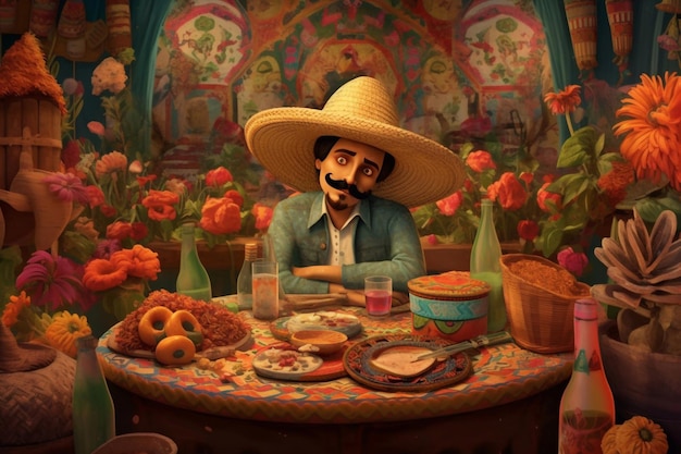 Cinco de Mayo Fiesta nacional de México Un hombre con un sombrero mexicano en una mesa festiva