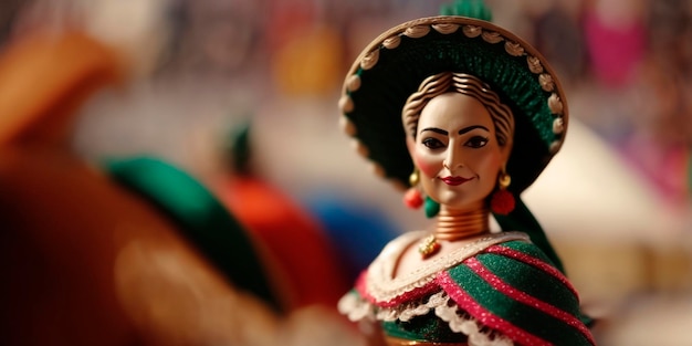 Cinco de Mayo figura de madera de una mujer en ropa tradicional en una calle festiva