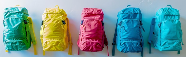 Cinco mochilas de colores brillantes colgando en una pared blanca con tonos de rosa amarillo y azul