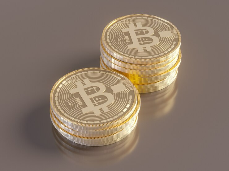 Cinco monedas virtuales Bitcoins en placa de circuito impreso Ilustración 3D