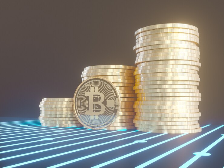 Cinco monedas virtuales Bitcoins en placa de circuito impreso Ilustración 3D