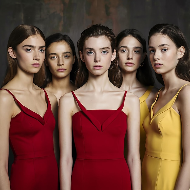 Foto cinco mujeres jóvenes sexy con elegantes vestidos rojos y amarillos están de pie mirando a la cámara